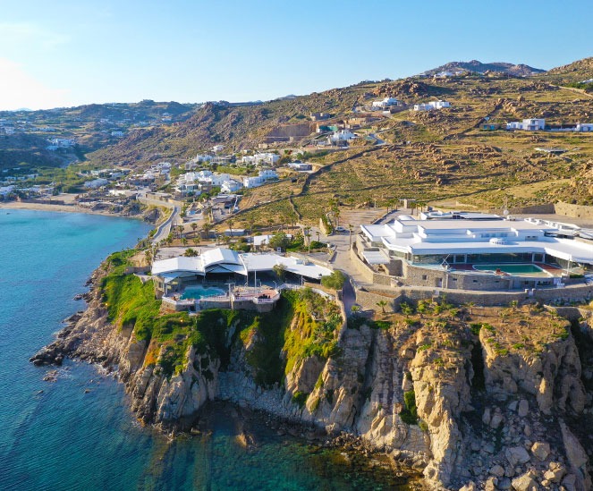 Panoramic view of Cavo Paradiso club, Zenit events center, Paradise beach and the Aegean